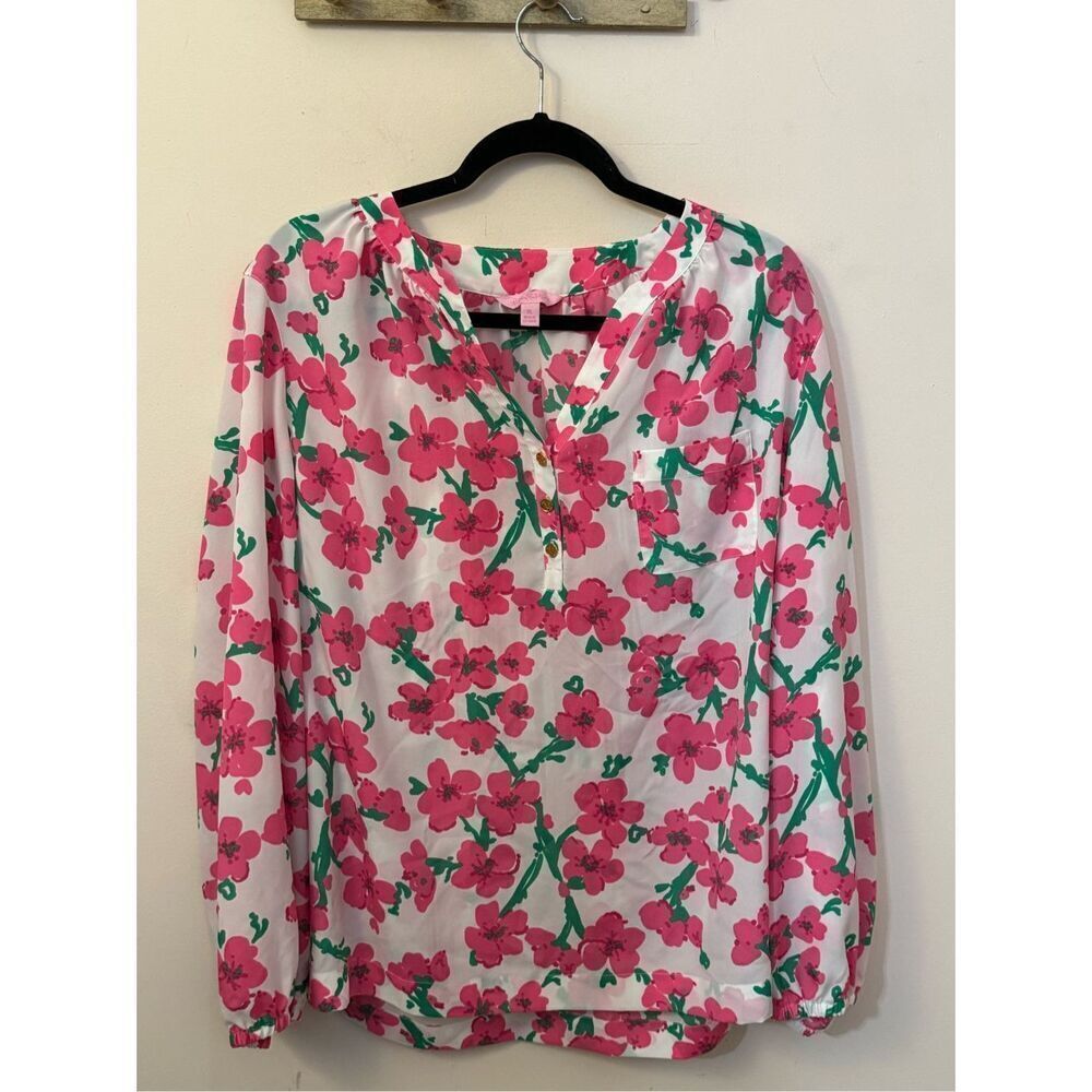 Lilly Pulitzer Pink & Green Floral Split-Neck Long Sleeve Top